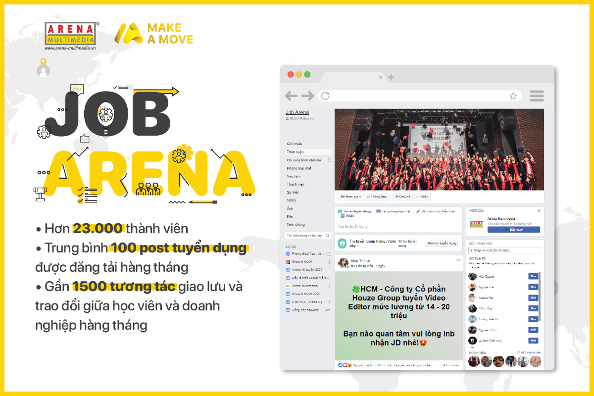 Cộng đồng hỗ trợ việc làm cho học viên, Job Arena trên Facebook.