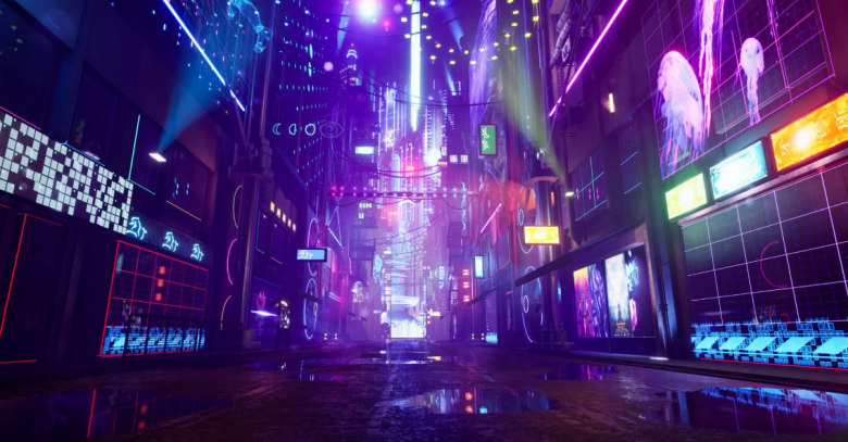 Màu tím là màu không thể thiếu thiếu trong chủ đề thiết kế hiện đại Cyberpunk - cuộc sống tương lai.